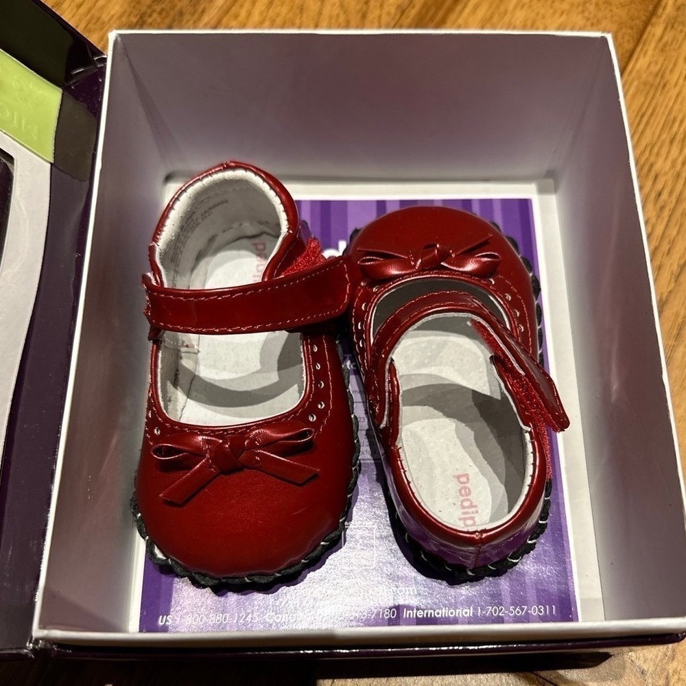 Pediped Infant 12-18M Mary Jane Red Metallic Bow Leather Soft‎ Sole Originals